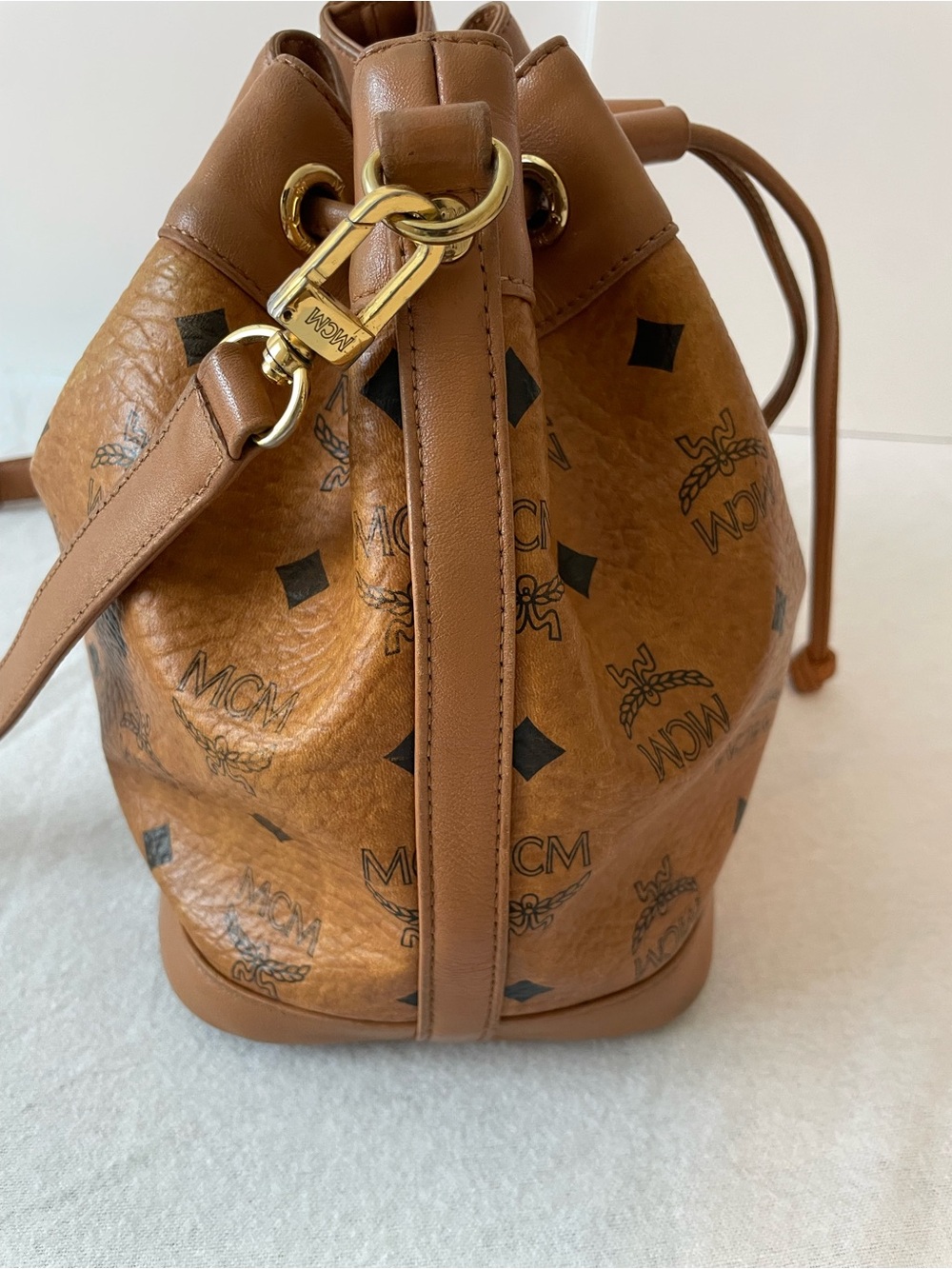 MCM Brown Logo Print Drawstring Bucket Bag w/ Detachable Strap Gold Hardware - Picture 9 of 15